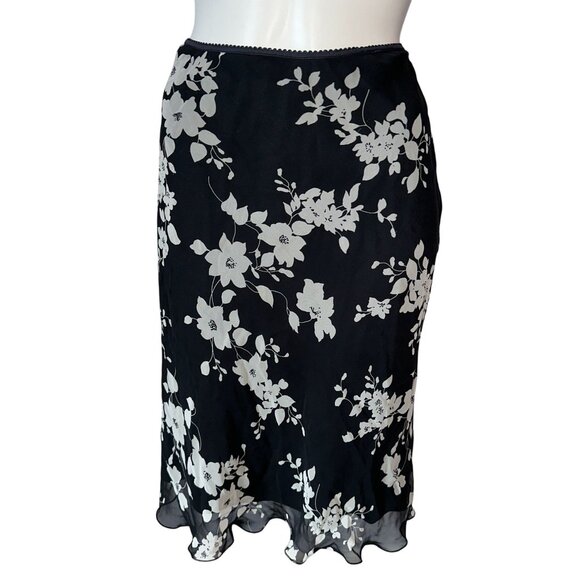 Vtg Y2k Black Chiffon White Floral Flowy Midi Skirt Ruffle Girly Size Large - Picture 1 of 3
